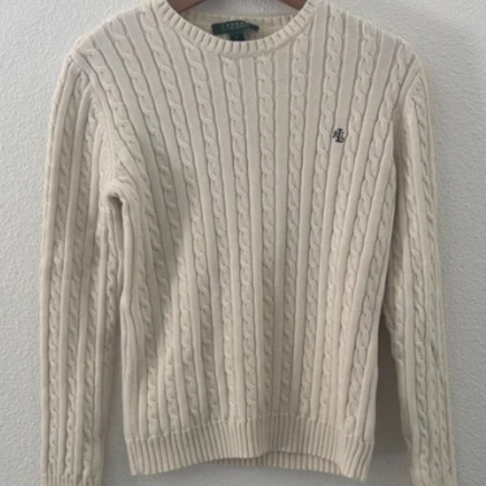 Lauren Ralph Lauren Cable Knit Pull Over Sweater Neutral Cream Preppy Sz Medium